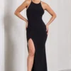 Stellar | Black Halter-Neck Twisted Split Maxi Dress