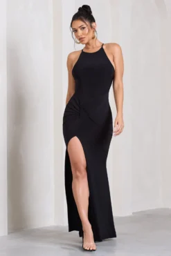 Stellar | Black Halter-Neck Twisted Split Maxi Dress -Stylixon Sales Store WB HR CL129696002 StellarBlackHalter NeckTwistedSplitMaxiDress2 scaled