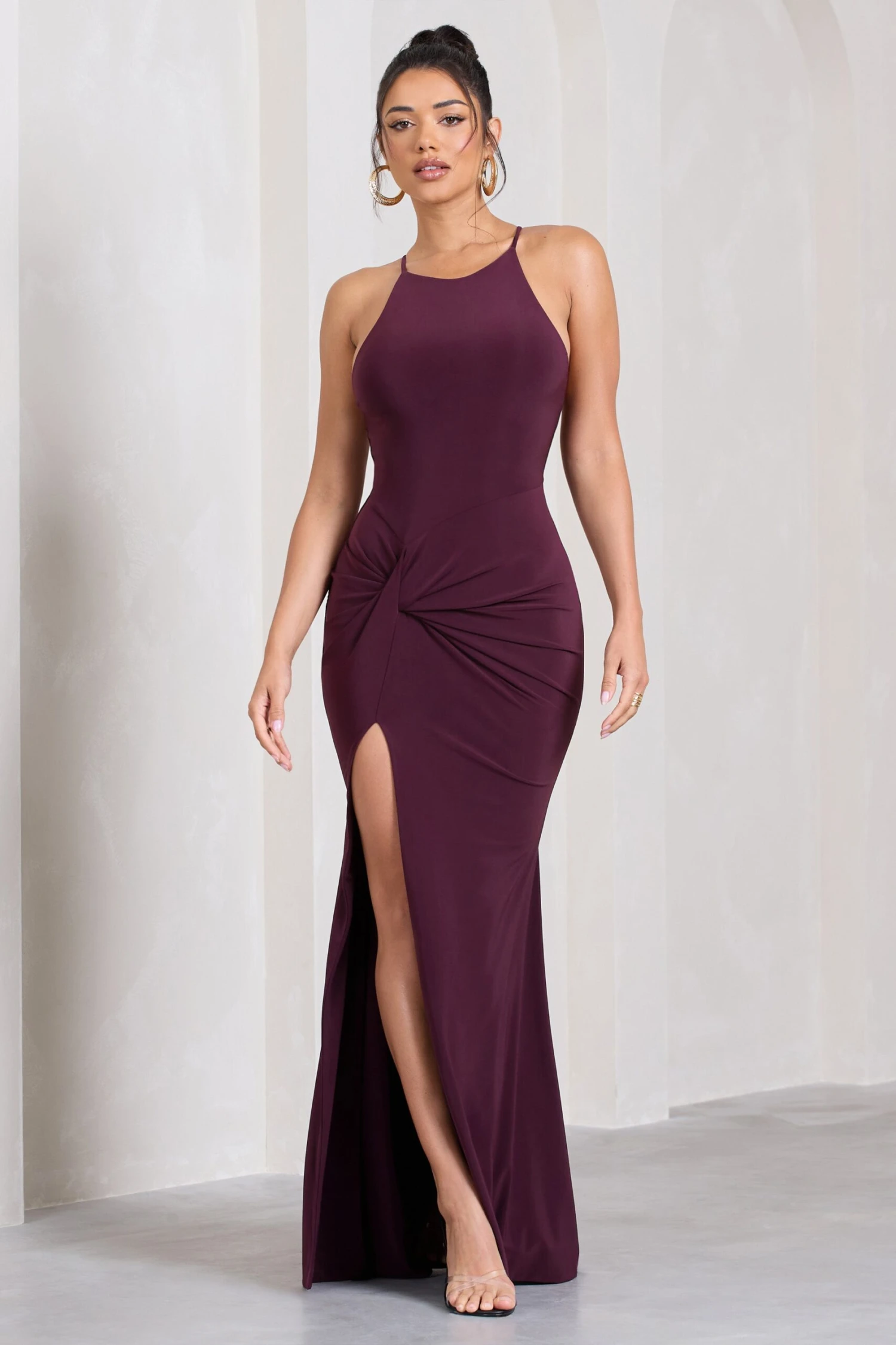 Stellar | Plum Halter-Neck Twisted Split Maxi Dress 1 Stellar | Plum Halter-Neck Twisted Split Maxi Dress