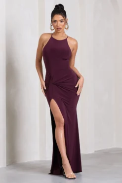 Stellar | Plum Halter-Neck Twisted Split Maxi Dress 8 Stellar | Plum Halter-Neck Twisted Split Maxi Dress -Stylixon Sales Store WB HR CL129696069 StellarPlumHalter NeckTwistedSplitMaxiDress2 scaled