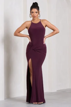 Stellar | Plum Halter-Neck Twisted Split Maxi Dress 9 Stellar | Plum Halter-Neck Twisted Split Maxi Dress -Stylixon Sales Store WB HR CL129696069 StellarPlumHalter NeckTwistedSplitMaxiDress4 scaled
