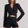 Madison | Black Plunge Tie Waist Tailored Playsuit