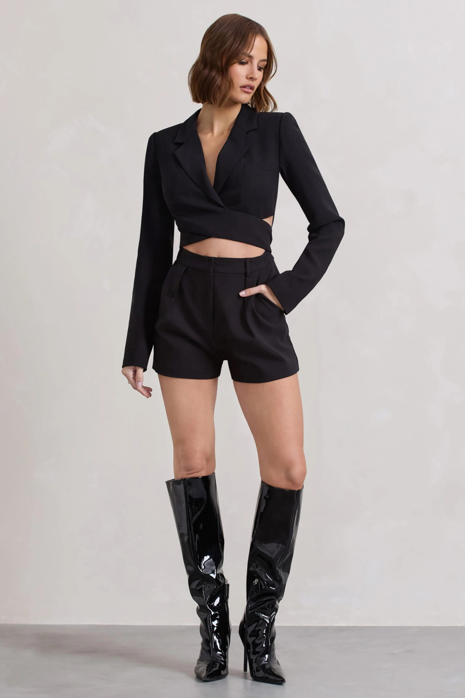 Madison | Black Plunge Tie Waist Tailored Playsuit 2 Madison | Black Plunge Tie Waist Tailored Playsuit - Image 2