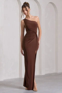 Coralina | Chocolate Brown Asymmetric Open-Back Split Maxi Dress -Stylixon Sales Store WB HR CL129773106 CoralinaChocolateBrownAsymmetricOpen BackSplitMaxiDress2 scaled