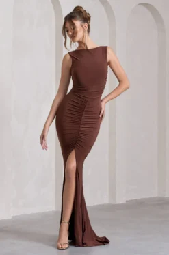 My Presence | Chocolate Brown Low-Back Fishtail Split Maxi Dress