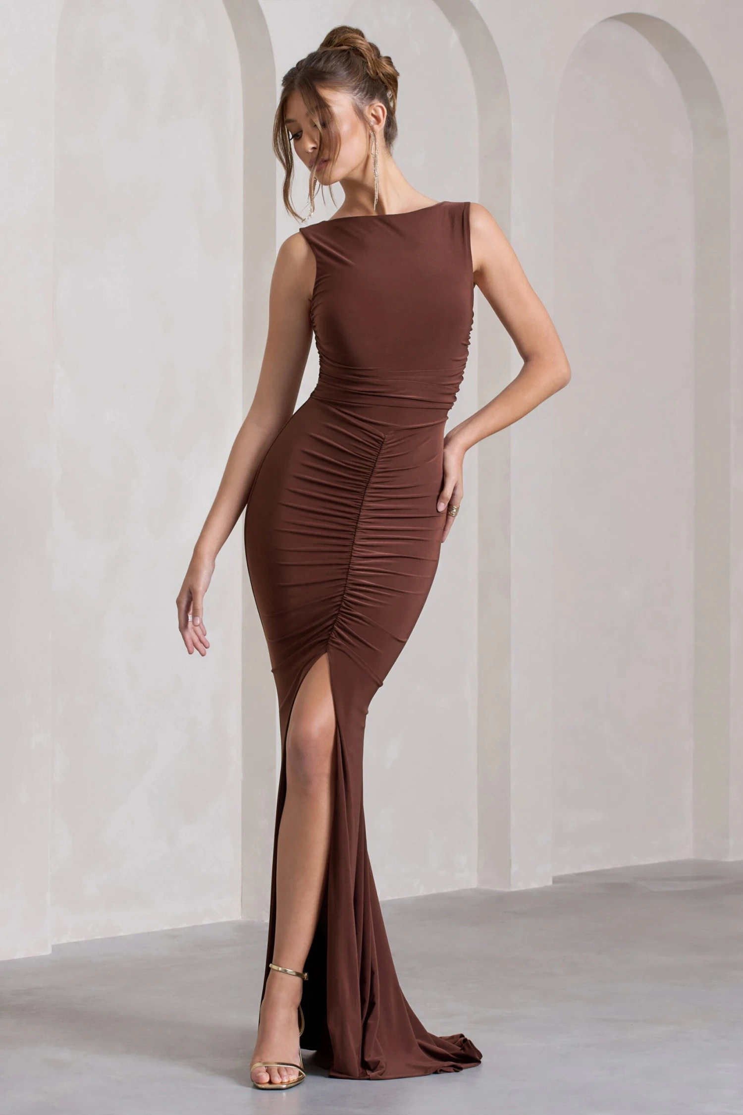 My Presence | Chocolate Brown Low-Back Fishtail Split Maxi Dress 1 My Presence | Chocolate Brown Low-Back Fishtail Split Maxi Dress