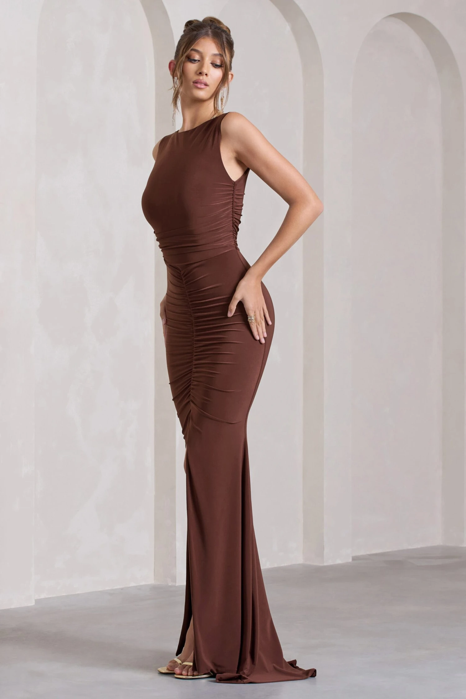 My Presence | Chocolate Brown Low-Back Fishtail Split Maxi Dress 4 My Presence | Chocolate Brown Low-Back Fishtail Split Maxi Dress - Image 4