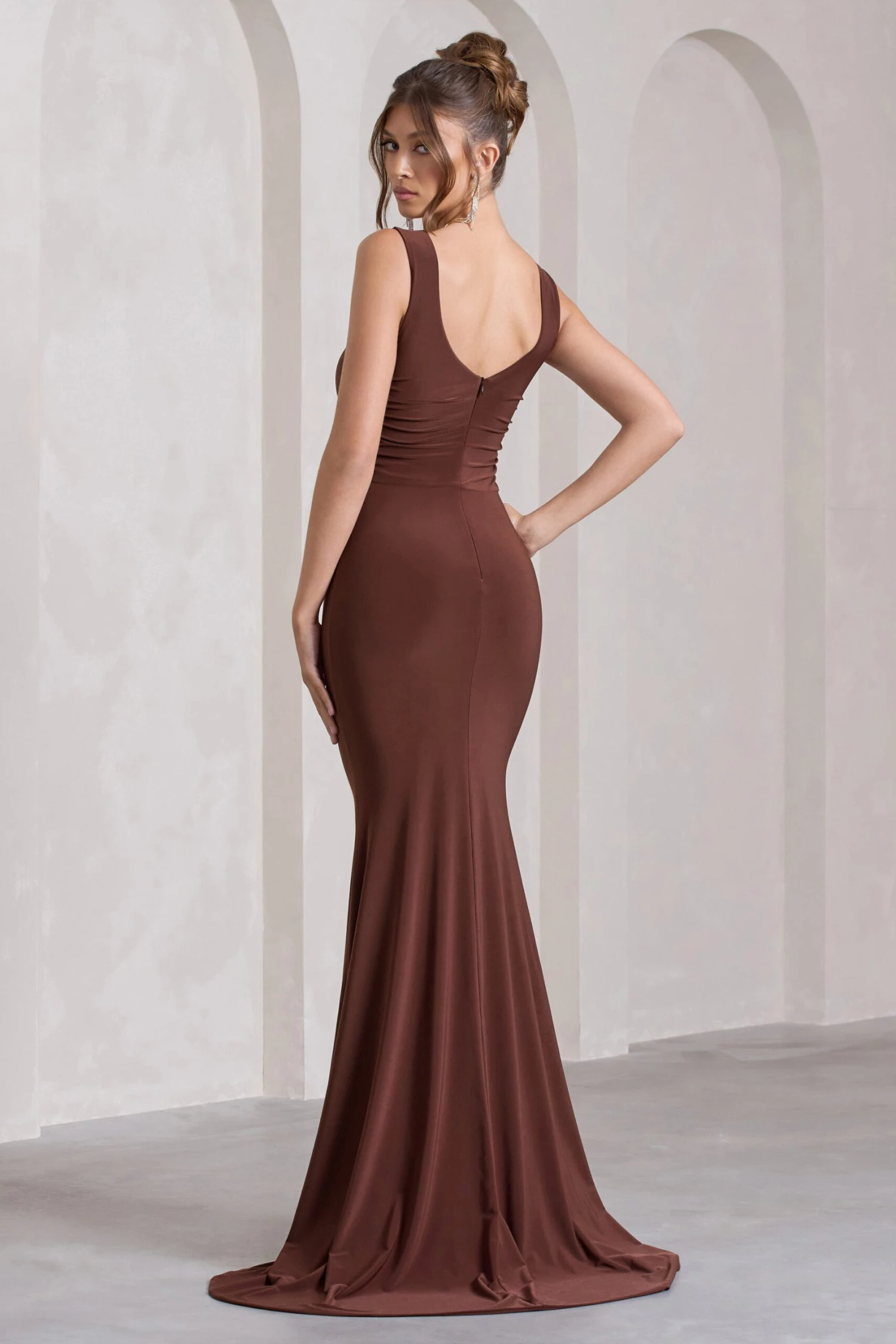 My Presence | Chocolate Brown Low-Back Fishtail Split Maxi Dress 2 My Presence | Chocolate Brown Low-Back Fishtail Split Maxi Dress - Image 2