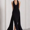 Veronica | Black Plunge Sleeveless Open-Back Maxi Dress With Drape Detail