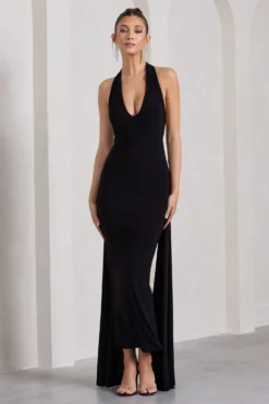 Veronica | Black Plunge Sleeveless Open-Back Maxi Dress With Drape Detail -Stylixon Sales Store WB HR CL130007002 VeronicaBlackPlungeSleevelessOpen BackMaxiDressWithScarfDetail1 scaled