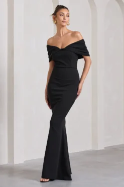 Dana | Black Bardot Maxi Dress With Short Gathered Sleeves -Stylixon Sales Store WB HR CL130015002 DanaBlackBardotMaxiDressWithShortGatheredSleeves2 scaled
