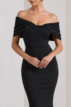 Dana | Black Bardot Maxi Dress With Short Gathered Sleeves -Stylixon Sales Store WB HR CL130015002 DanaBlackBardotMaxiDressWithShortGatheredSleeves4 scaled