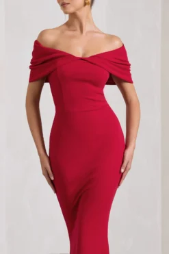 Dana | Red Bardot Maxi Dress With Short Gathered Sleeves 7 Dana | Red Bardot Maxi Dress With Short Gathered Sleeves -Stylixon Sales Store WB HR CL130015004 DanaRedBardotMaxiDressWithShortGatheredSleeves4 scaled