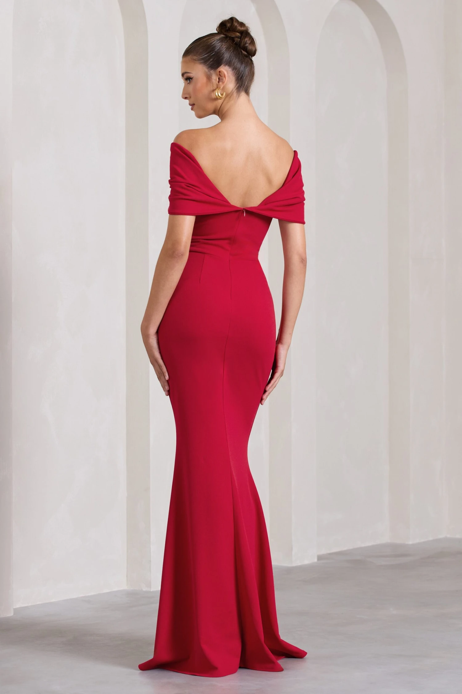 Dana | Red Bardot Maxi Dress With Short Gathered Sleeves 2 Dana | Red Bardot Maxi Dress With Short Gathered Sleeves - Image 2