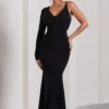 At Dusk | Black One-Sleeved Cowl-Neck Fishtail Maxi Dress
