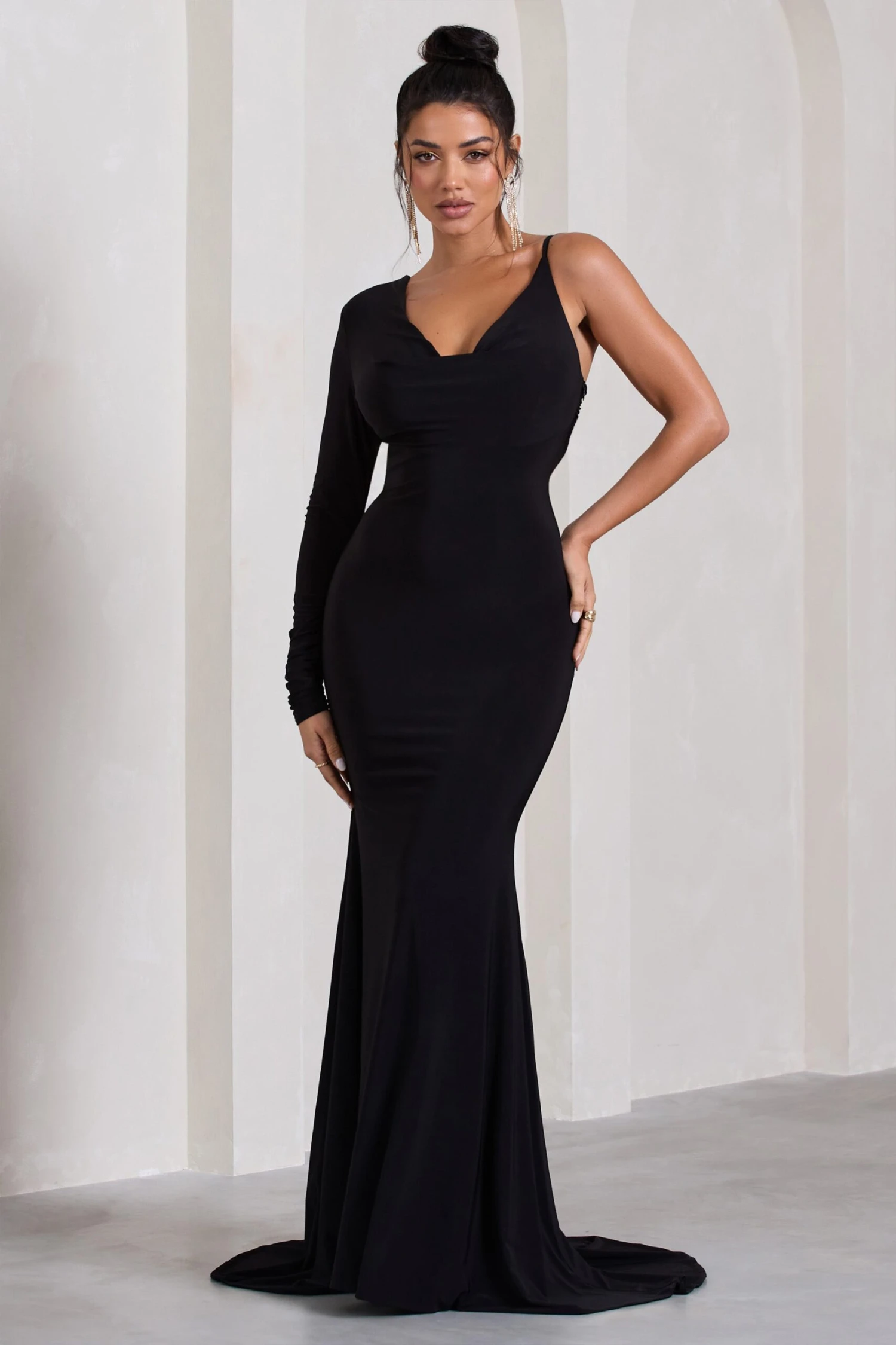 At Dusk | Black One-Sleeved Cowl-Neck Fishtail Maxi Dress 1 At Dusk | Black One-Sleeved Cowl-Neck Fishtail Maxi Dress