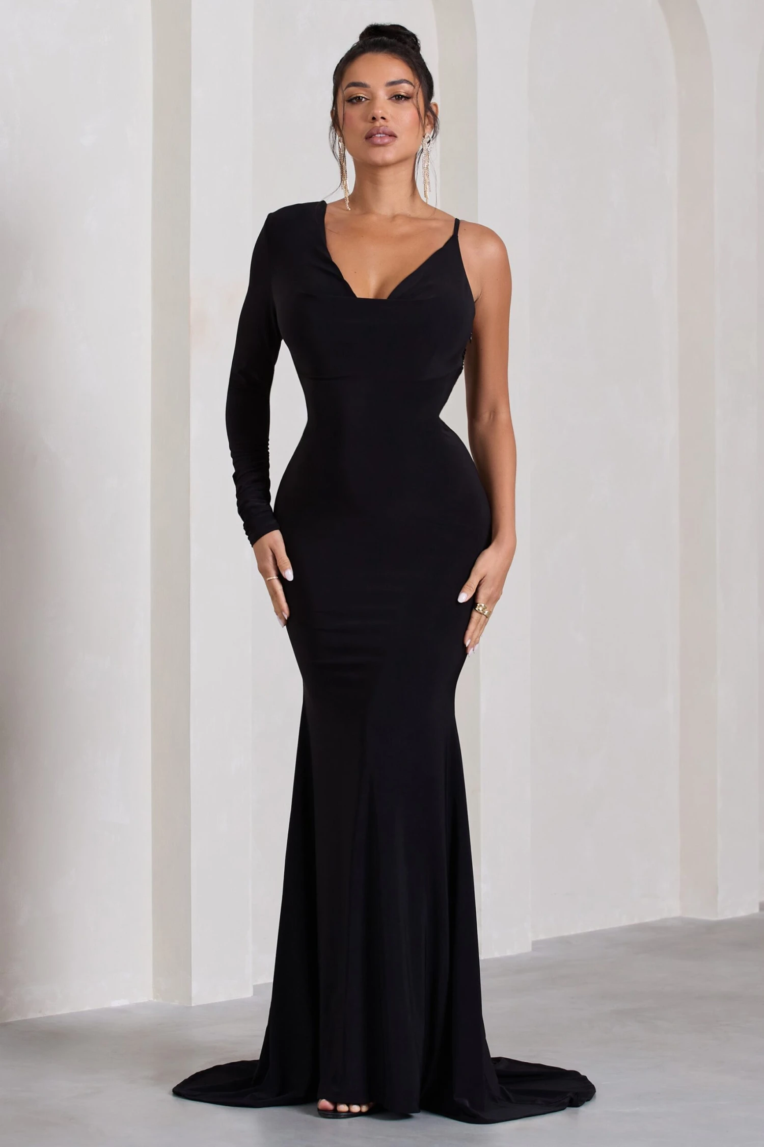 At Dusk | Black One-Sleeved Cowl-Neck Fishtail Maxi Dress 4 At Dusk | Black One-Sleeved Cowl-Neck Fishtail Maxi Dress - Image 4