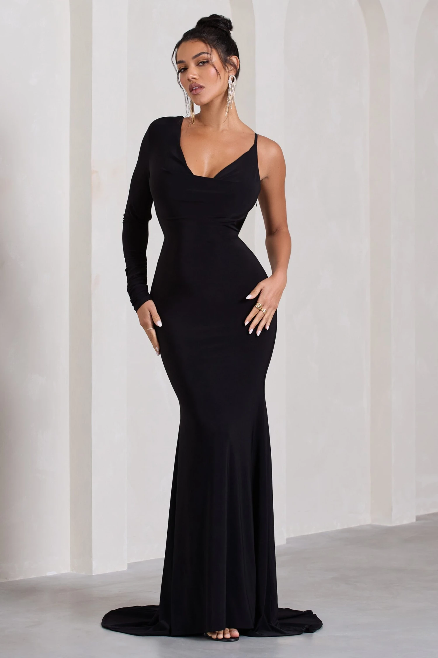 At Dusk | Black One-Sleeved Cowl-Neck Fishtail Maxi Dress 5 At Dusk | Black One-Sleeved Cowl-Neck Fishtail Maxi Dress - Image 5