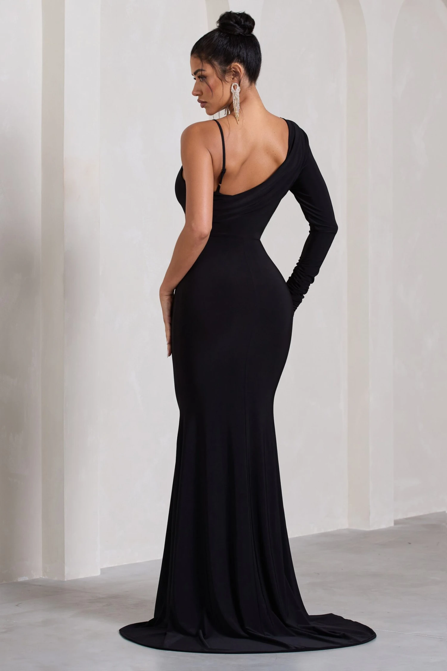 At Dusk | Black One-Sleeved Cowl-Neck Fishtail Maxi Dress 2 At Dusk | Black One-Sleeved Cowl-Neck Fishtail Maxi Dress - Image 2