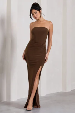 Dawning | Chocolate Brown Bandeau Knotted Split Maxi Dress -Stylixon Sales Store WB HR CL130025167 DawningChocolateBrownBandeauSplitMaxiDressWithKnotDetail3 scaled