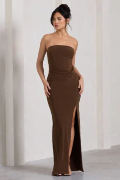 Dawning | Chocolate Brown Bandeau Knotted Split Maxi Dress -Stylixon Sales Store WB HR CL130025167 DawningChocolateBrownBandeauSplitMaxiDressWithKnotDetail5 scaled