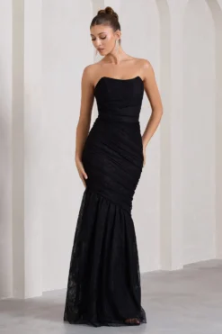 Encapsulate | Black Lace Ruched Strapless Fishtail Maxi Dress