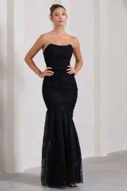Encapsulate | Black Lace Ruched Strapless Fishtail Maxi Dress -Stylixon Sales Store WB HR CL132005002 EncapsulateBlackLaceRuchedStraplessFishtailMaxiDress1 scaled
