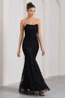 Encapsulate | Black Lace Ruched Strapless Fishtail Maxi Dress -Stylixon Sales Store WB HR CL132005002 EncapsulateBlackLaceRuchedStraplessFishtailMaxiDress4 scaled