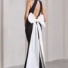 Bestow | Black Open-Back Maxi Dress With Oversized White Bow