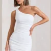 Onyx | White Ruched Asymmetric Mini Dress