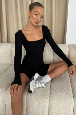 Kayleigh | Black Square-Neck Long-Sleeve Playsuit -Stylixon Sales Store WB HR IMG 3476 scaled