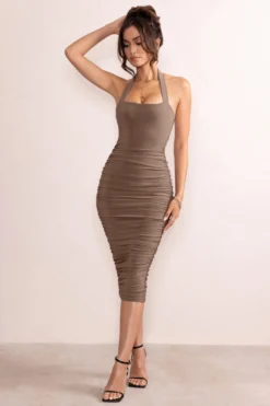 Letitia | Taupe Halter Neck Bodycon Ruched Midi Dress -Stylixon Sales Store WB WB CL127391 ClassyBrownHalterNeckBodyconRuchedMidiDress1 scaled